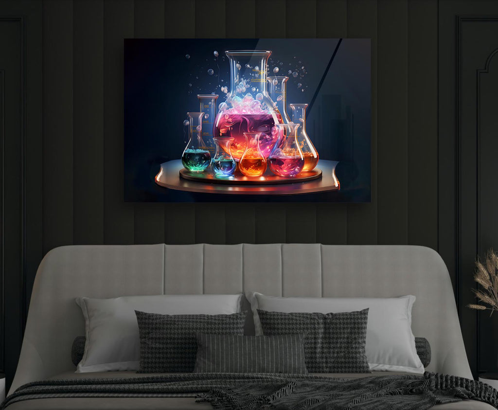 Glowing Chemistry Flasks Glass Wall Art in a modern interior