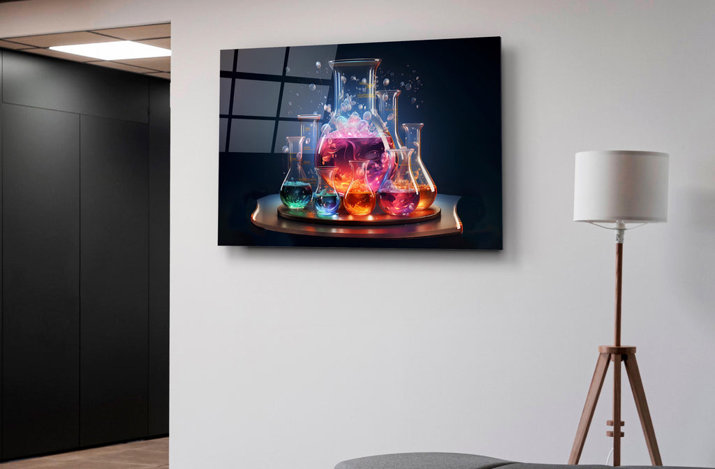 Glowing Chemistry Flasks Glass Wall Art on the wall