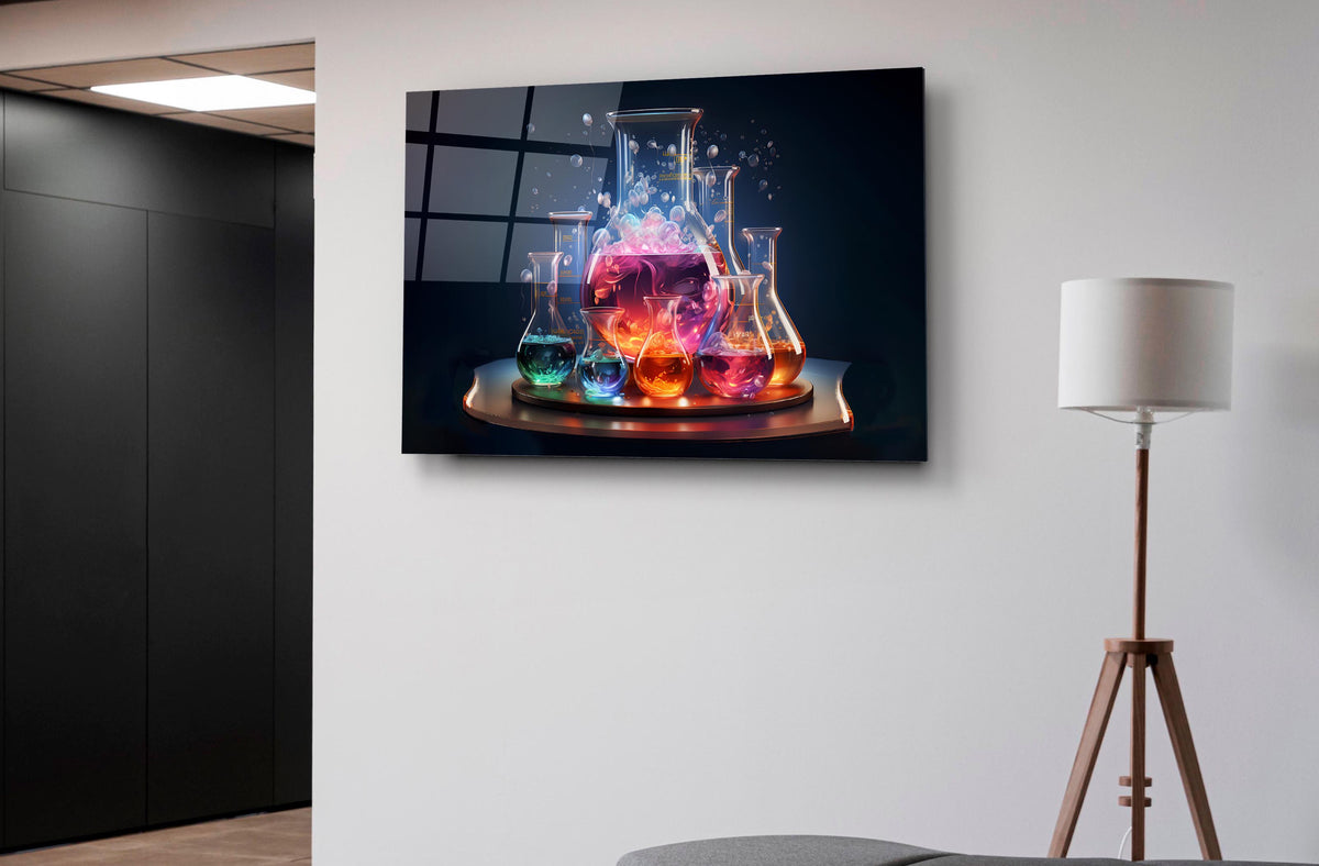 Glowing Chemistry Flasks Glass Wall Art on the wall