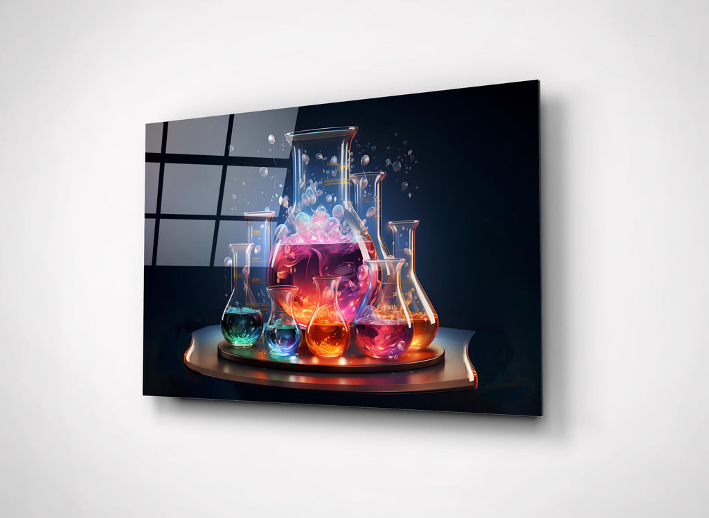 Glowing Chemistry Flasks Glass Wall Art close-up
