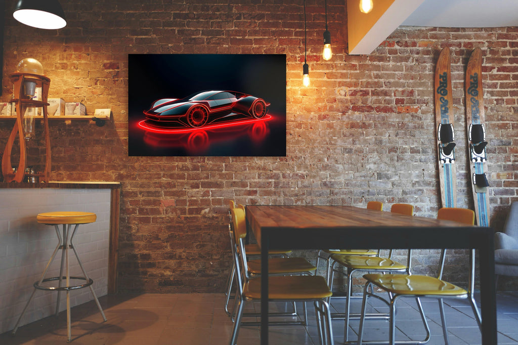 Red Neon Sports Car Glass Wall Art in a living room interior