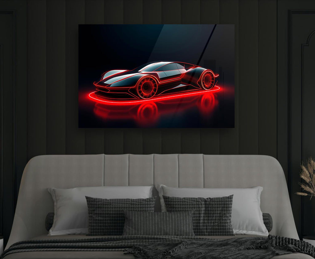 Red Neon Sports Car Glass Wall Art in a modern interior