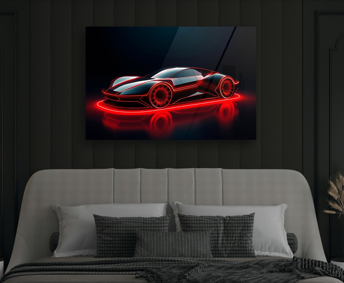 Red Neon Sports Car Glass Wall Art in a modern interior