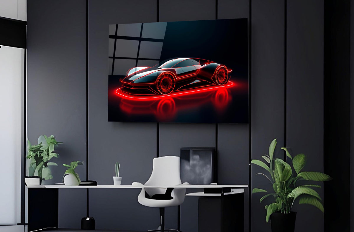 Red Neon Sports Car Glass Wall Art on the wall