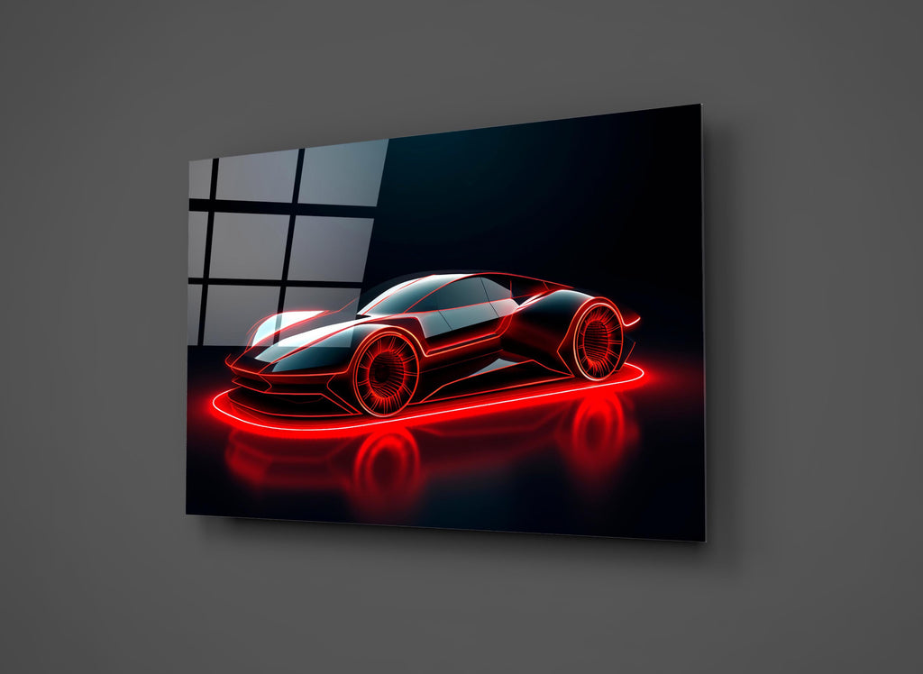 Red Neon Sports Car Glass Wall Art close-up
