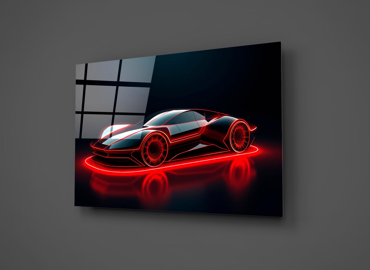 Red Neon Sports Car Glass Wall Art close-up