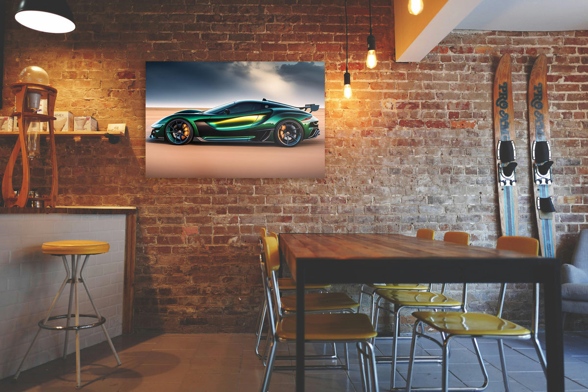 Emerald Green Supercar Glass Wall Art in a living room interior