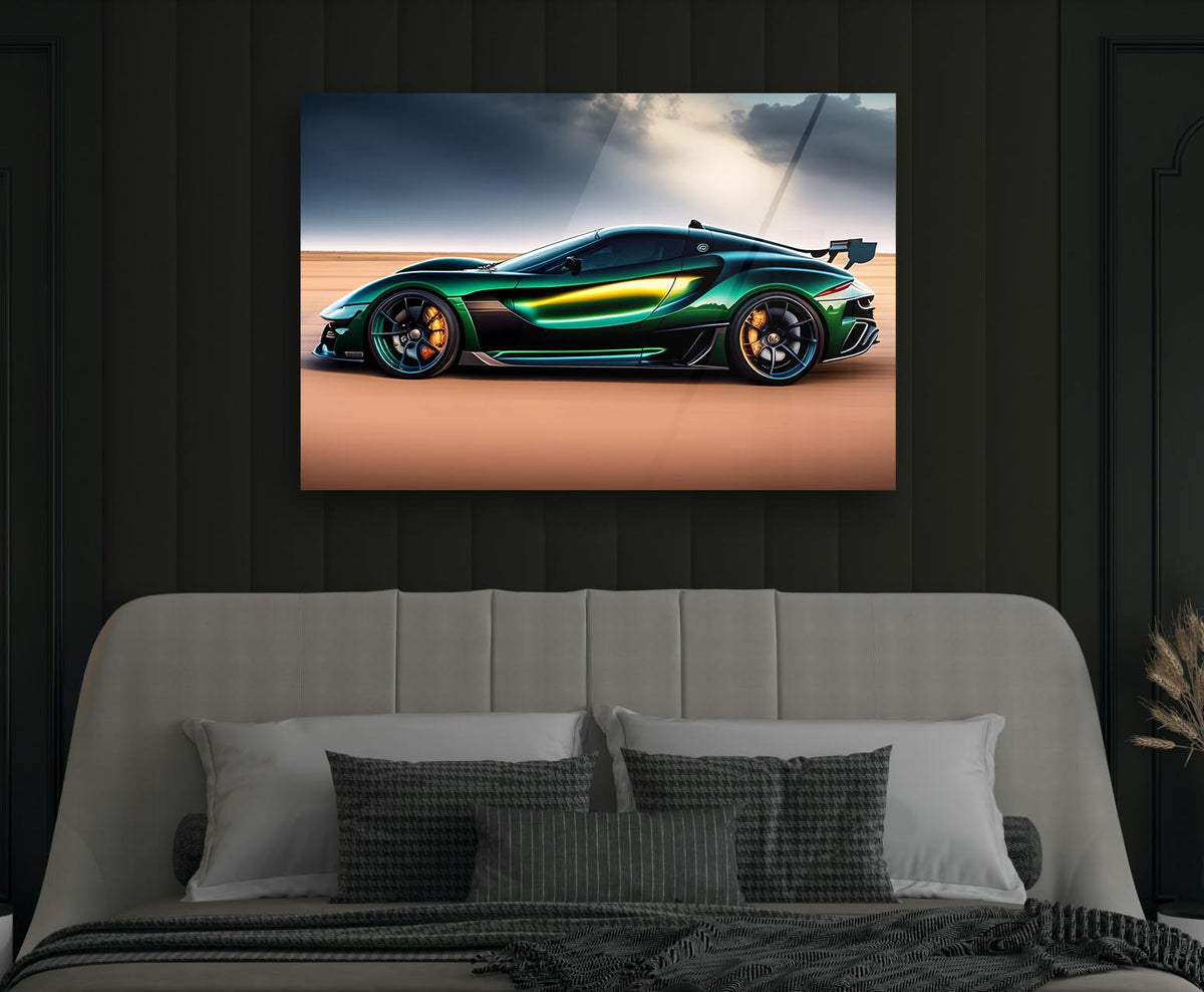 Emerald Green Supercar Glass Wall Art in a modern interior