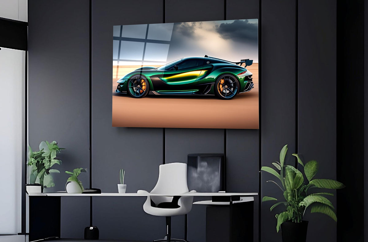 Emerald Green Supercar Glass Wall Art on the wall