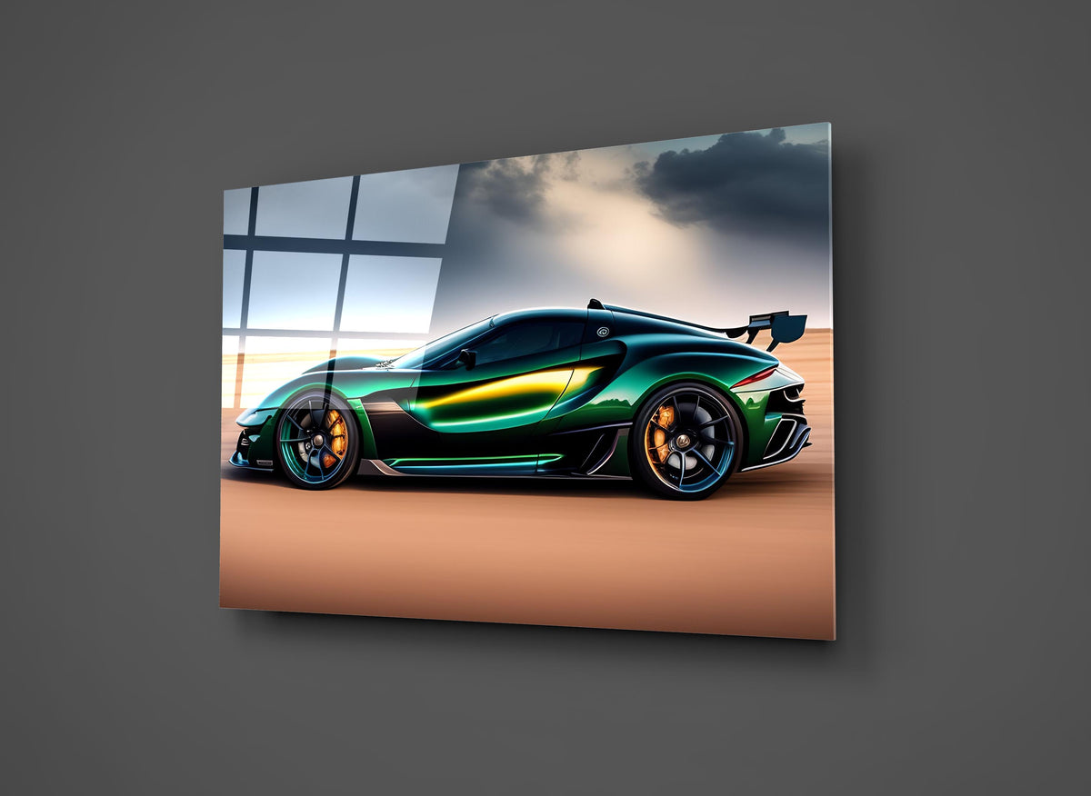 Emerald Green Supercar Glass Wall Art close-up