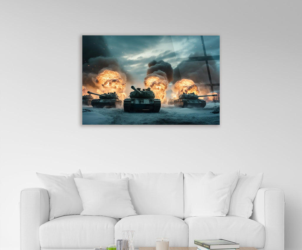 Tank Battle Explosions Glass Wall Art in a living room interior
