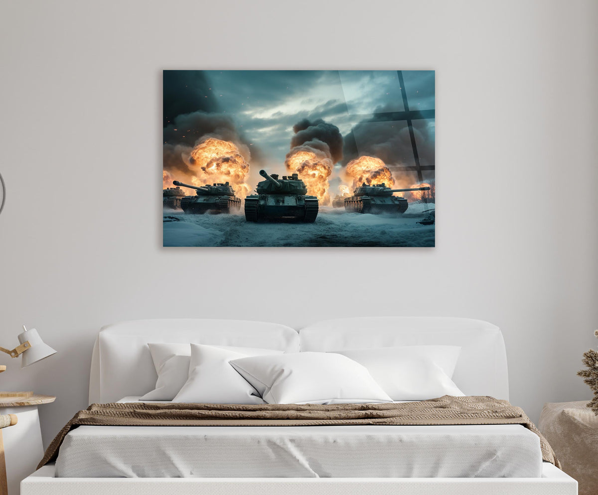 Tank Battle Explosions Glass Wall Art in a modern interior