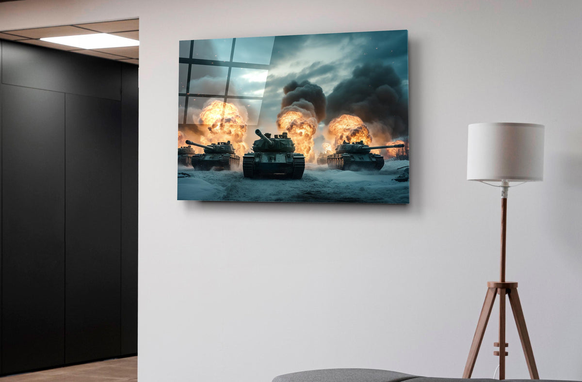 Tank Battle Explosions Glass Wall Art on the wall