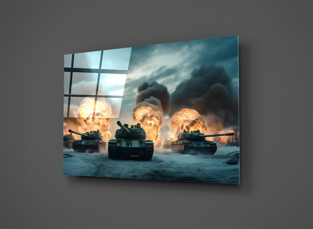 Tank Battle Explosions Glass Wall Art close-up