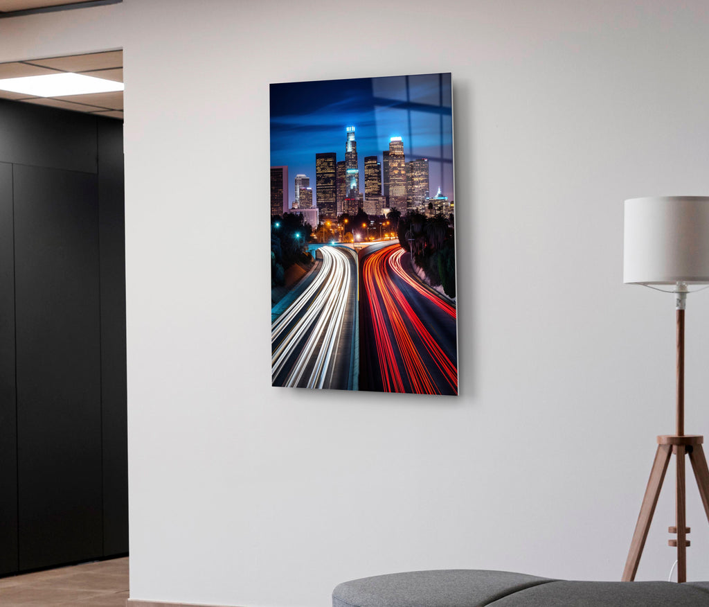 Los Angeles Skyline Light Trails Glass Wall Art in a living room interior