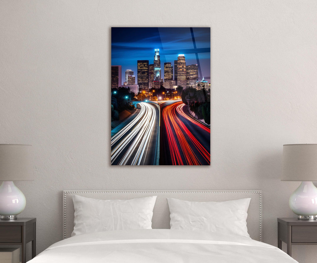 Los Angeles Skyline Light Trails Glass Wall Art in a modern interior
