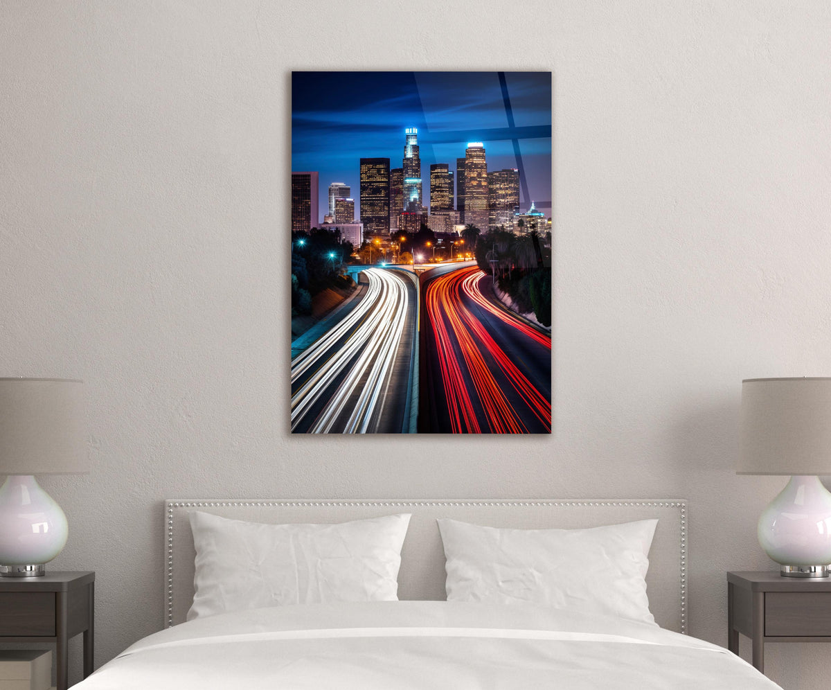 Los Angeles Skyline Light Trails Glass Wall Art in a modern interior