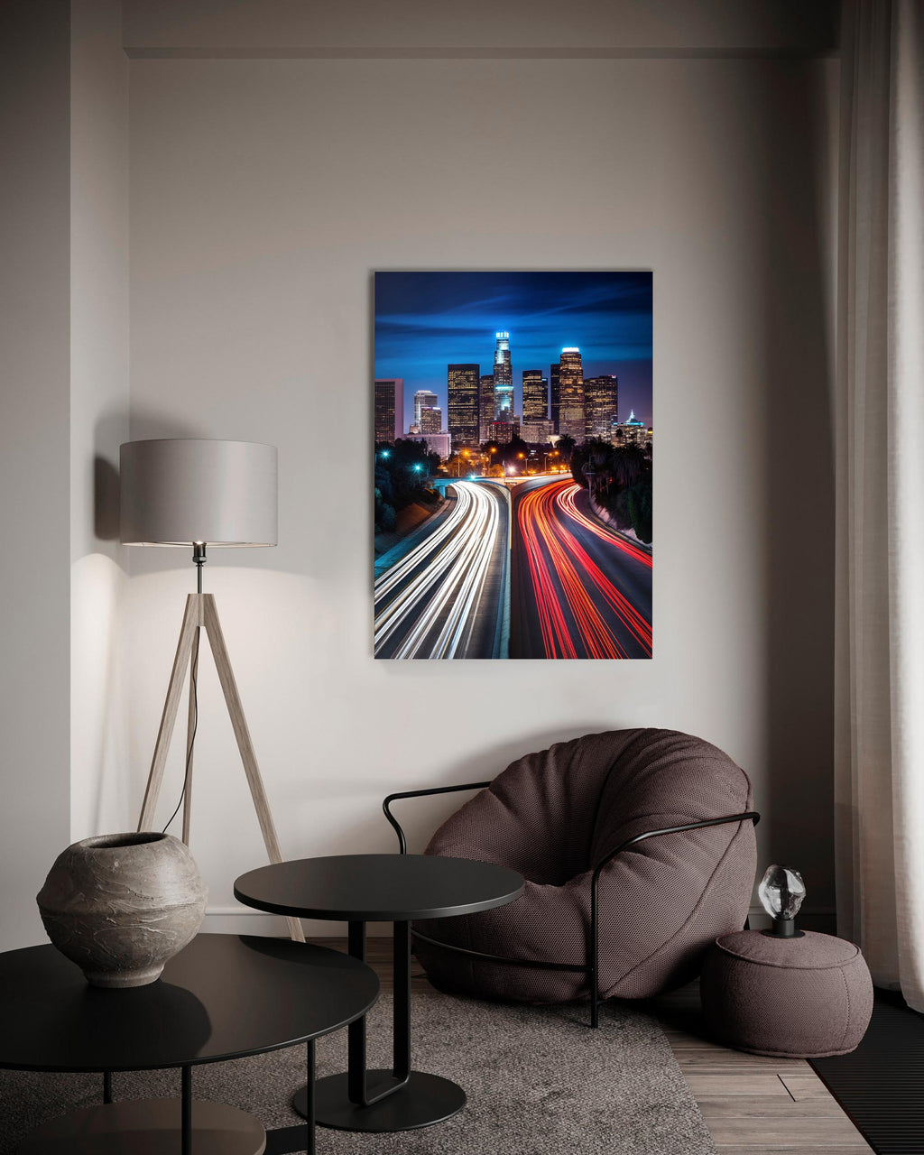 Los Angeles Skyline Light Trails Glass Wall Art on the wall