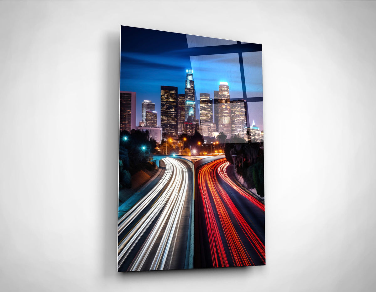 Los Angeles Skyline Light Trails Glass Wall Art close-up