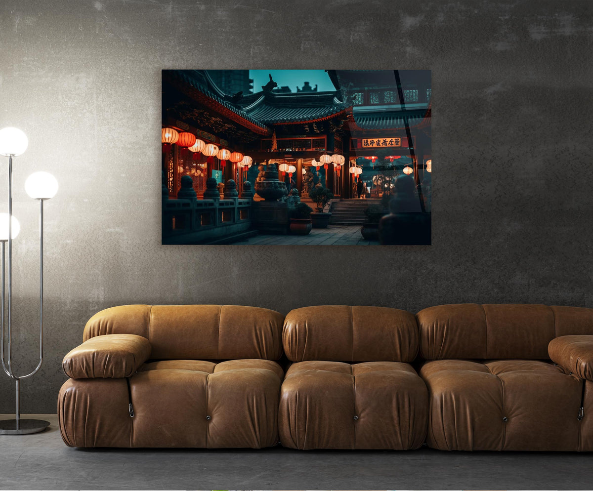 Chinese Temple with Glowing Lanterns Glass Wall Art in a living room interior