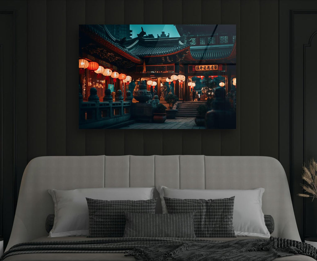 Chinese Temple with Glowing Lanterns Glass Wall Art in a modern interior