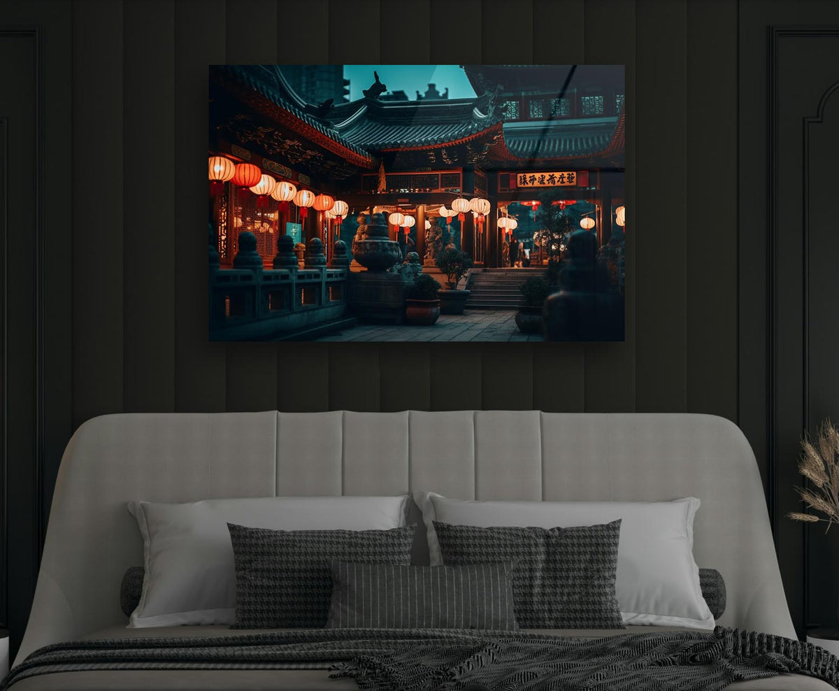 Chinese Temple with Glowing Lanterns Glass Wall Art in a modern interior