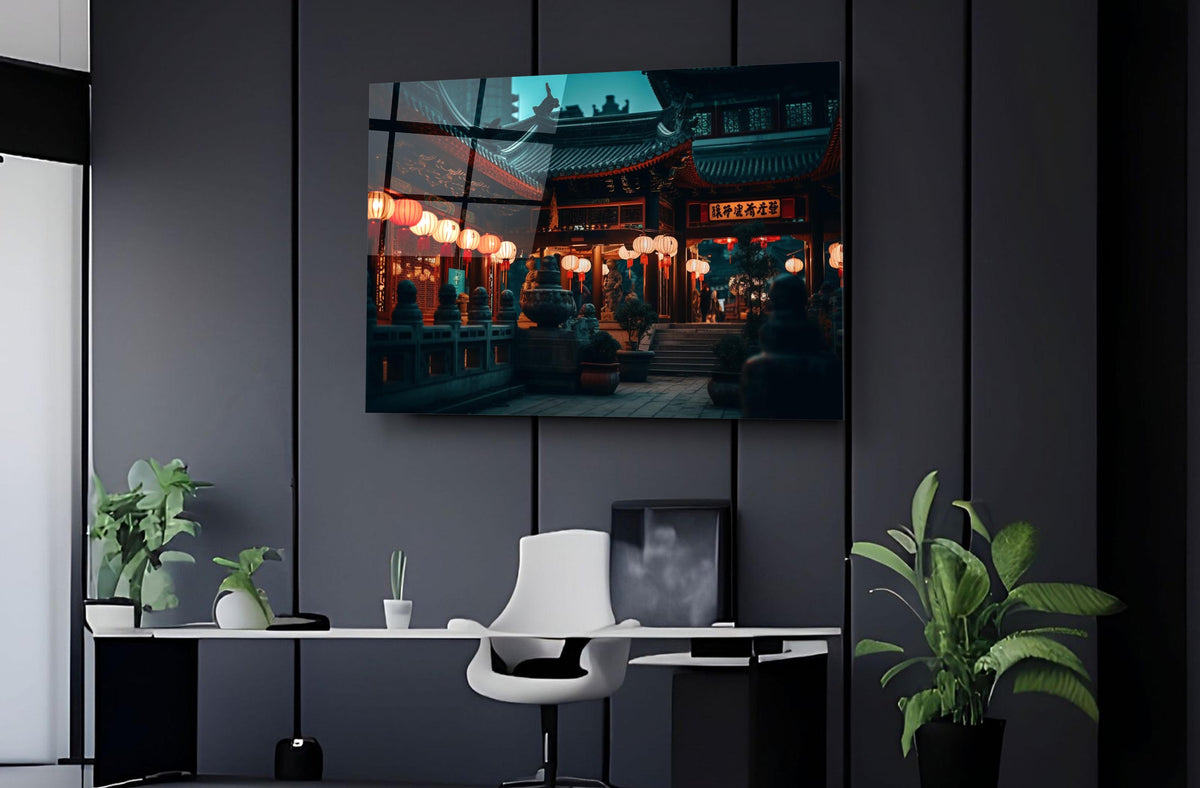 Chinese Temple with Glowing Lanterns Glass Wall Art on the wall