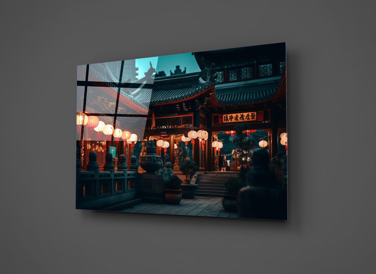 Chinese Temple with Glowing Lanterns Glass Wall Art close-up
