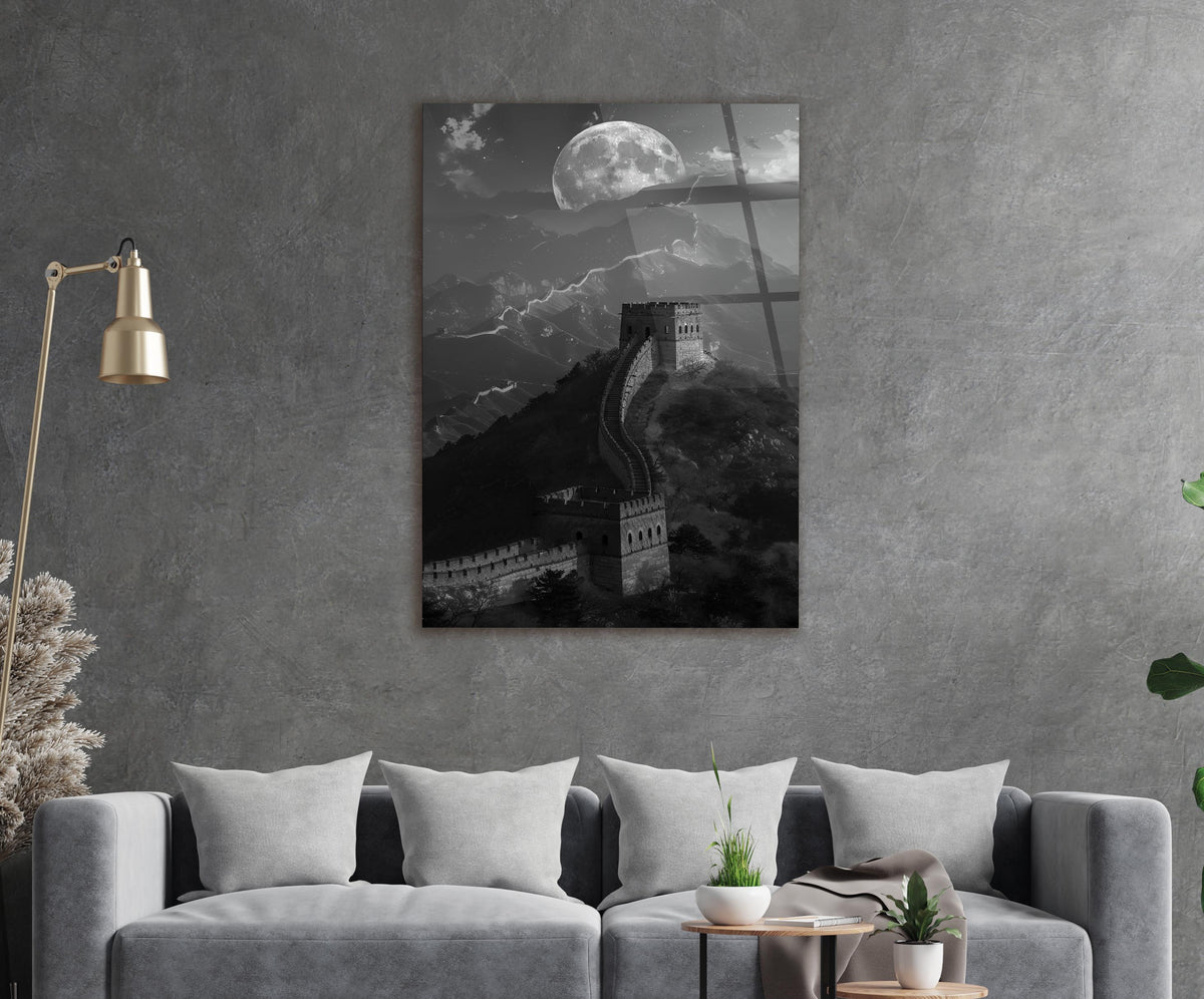 Great Wall Under the Moon Glass Wall Art in a living room interior
