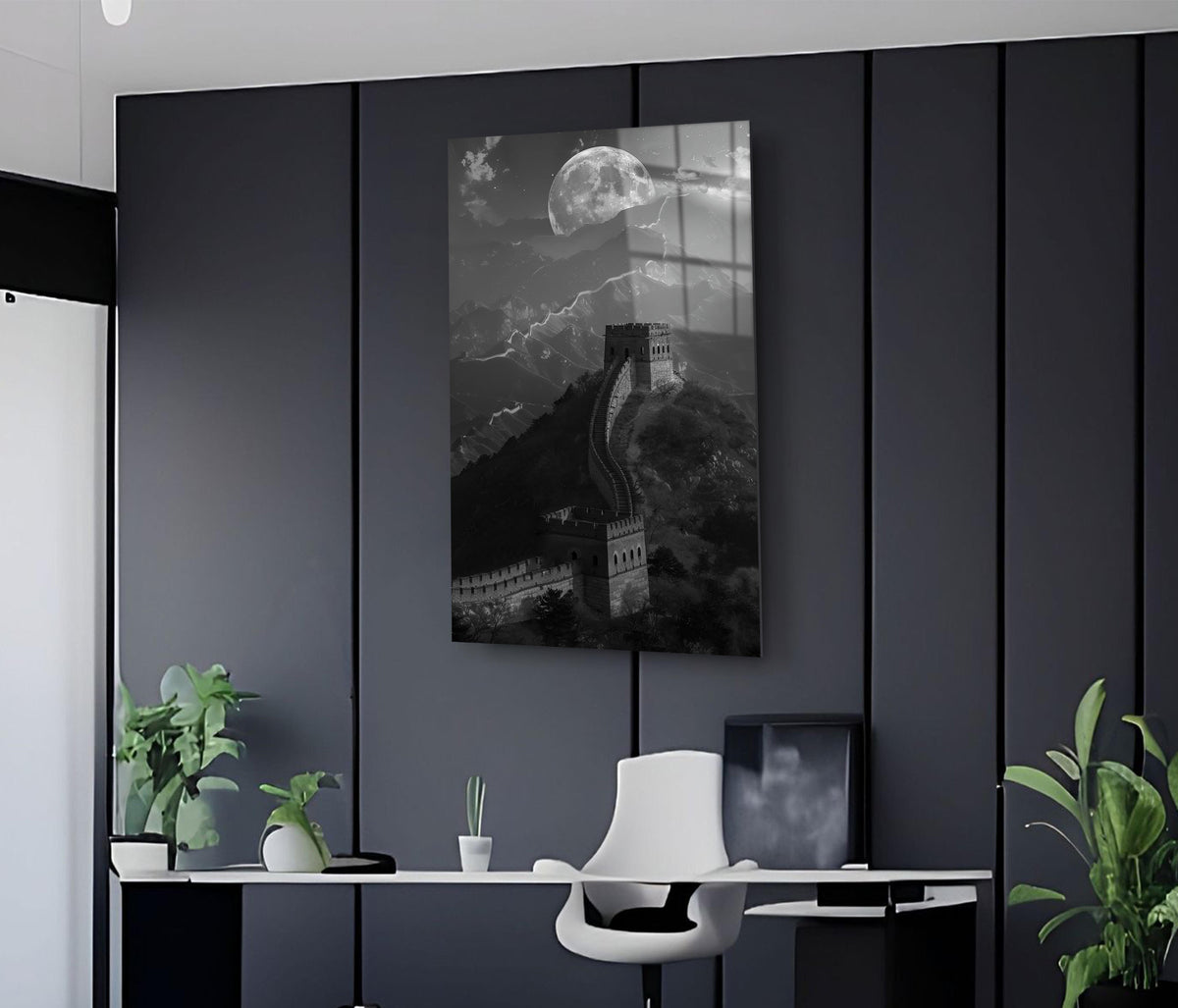 Great Wall Under the Moon Glass Wall Art in a modern interior
