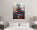 Red Pagoda Palace at Dawn Glass Wall Art in a living room interior