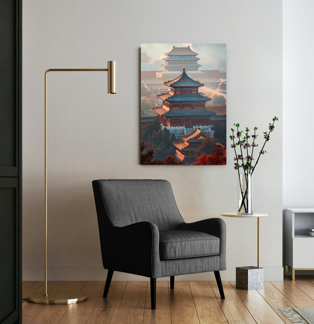 Red Pagoda Palace at Dawn Glass Wall Art in a modern interior