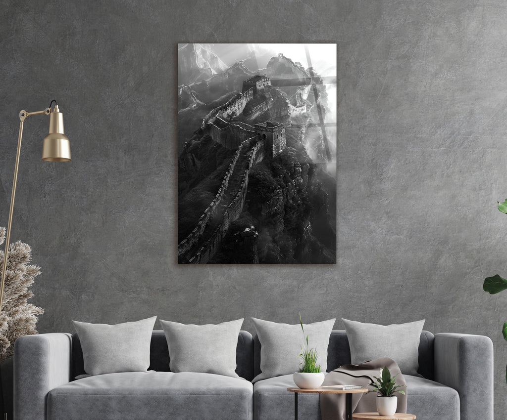 Great Wall Mountain Ridge Black and White Glass Wall Art in a living room interior