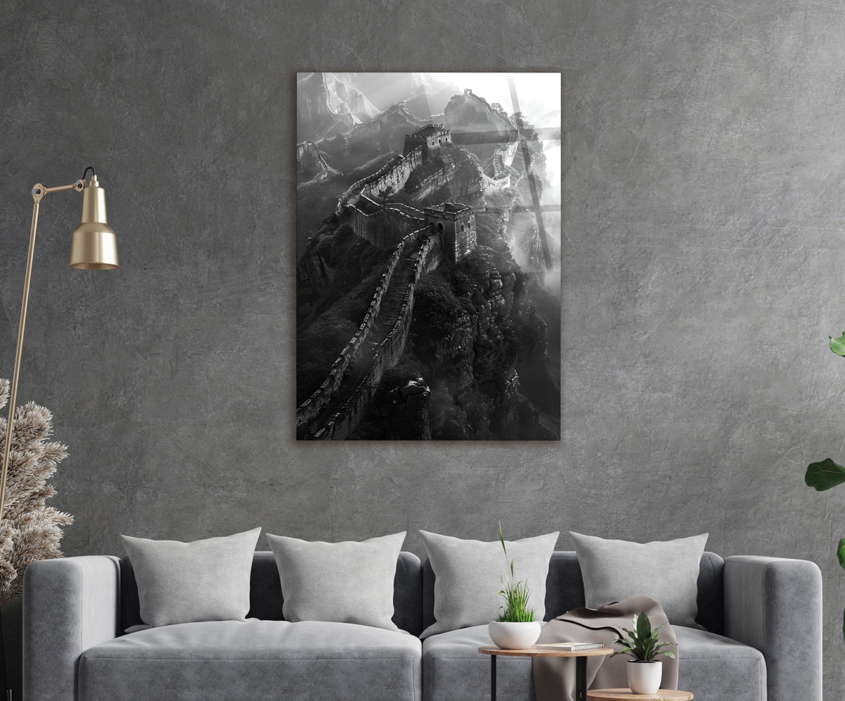 Great Wall Mountain Ridge Black and White Glass Wall Art in a living room interior