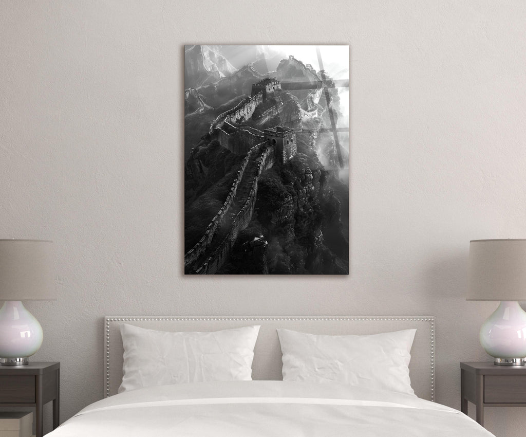 Great Wall Mountain Ridge Black and White Glass Wall Art in a modern interior