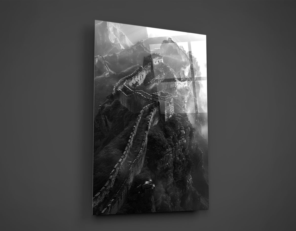 Great Wall Mountain Ridge Black and White Glass Wall Art close-up