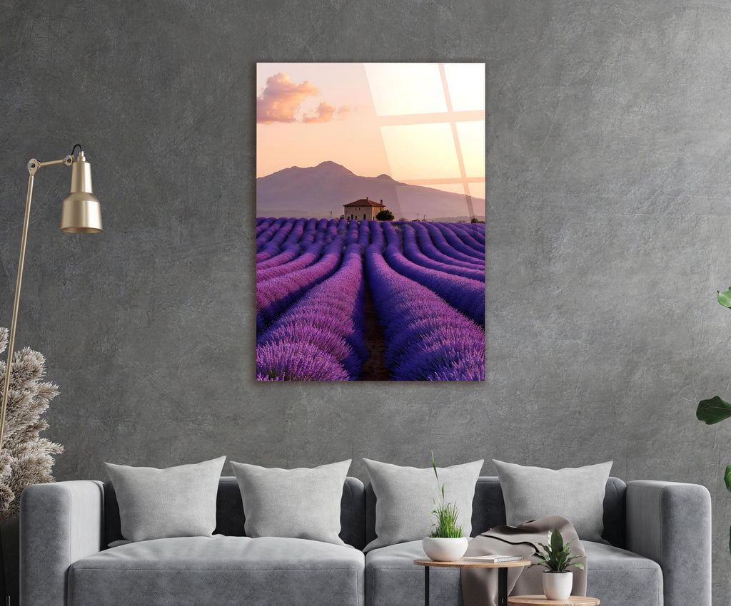 Provence Lavender Field at Sunset Glass Wall Art in a living room interior