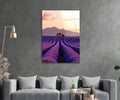 Provence Lavender Field at Sunset Glass Wall Art in a living room interior