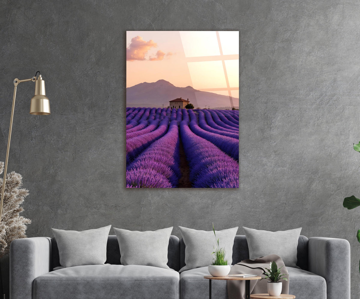 Provence Lavender Field at Sunset Glass Wall Art in a living room interior