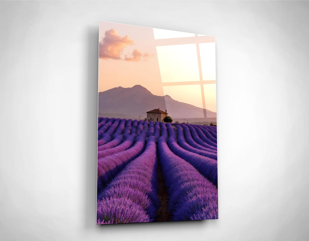 Provence Lavender Field at Sunset Glass Wall Art close-up