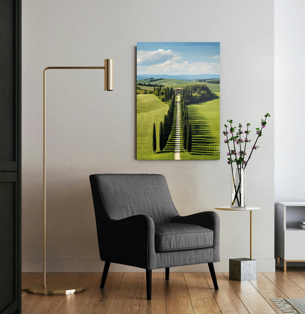 Tuscan Cypress Avenue Glass Wall Art in a living room interior