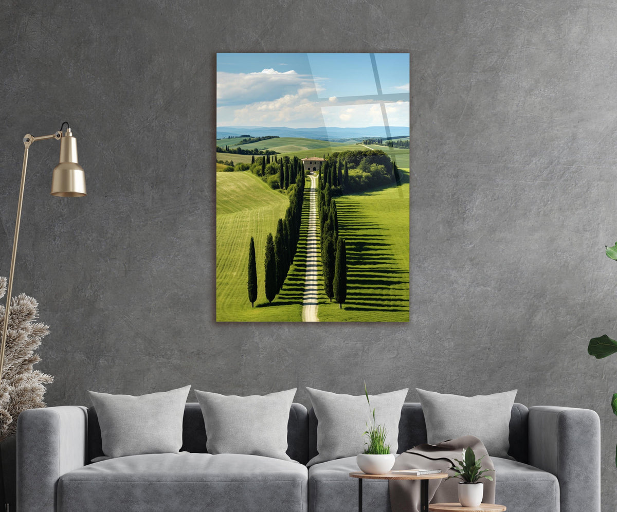 Tuscan Cypress Avenue Glass Wall Art in a modern interior