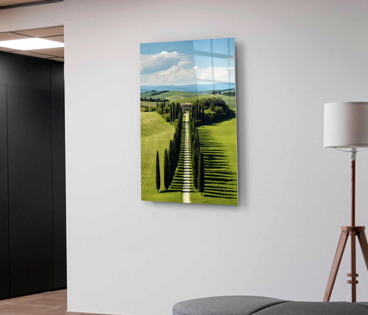 Tuscan Cypress Avenue Glass Wall Art on the wall