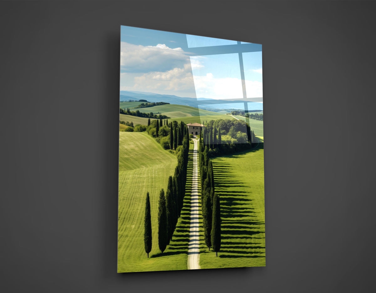 Tuscan Cypress Avenue Glass Wall Art close-up