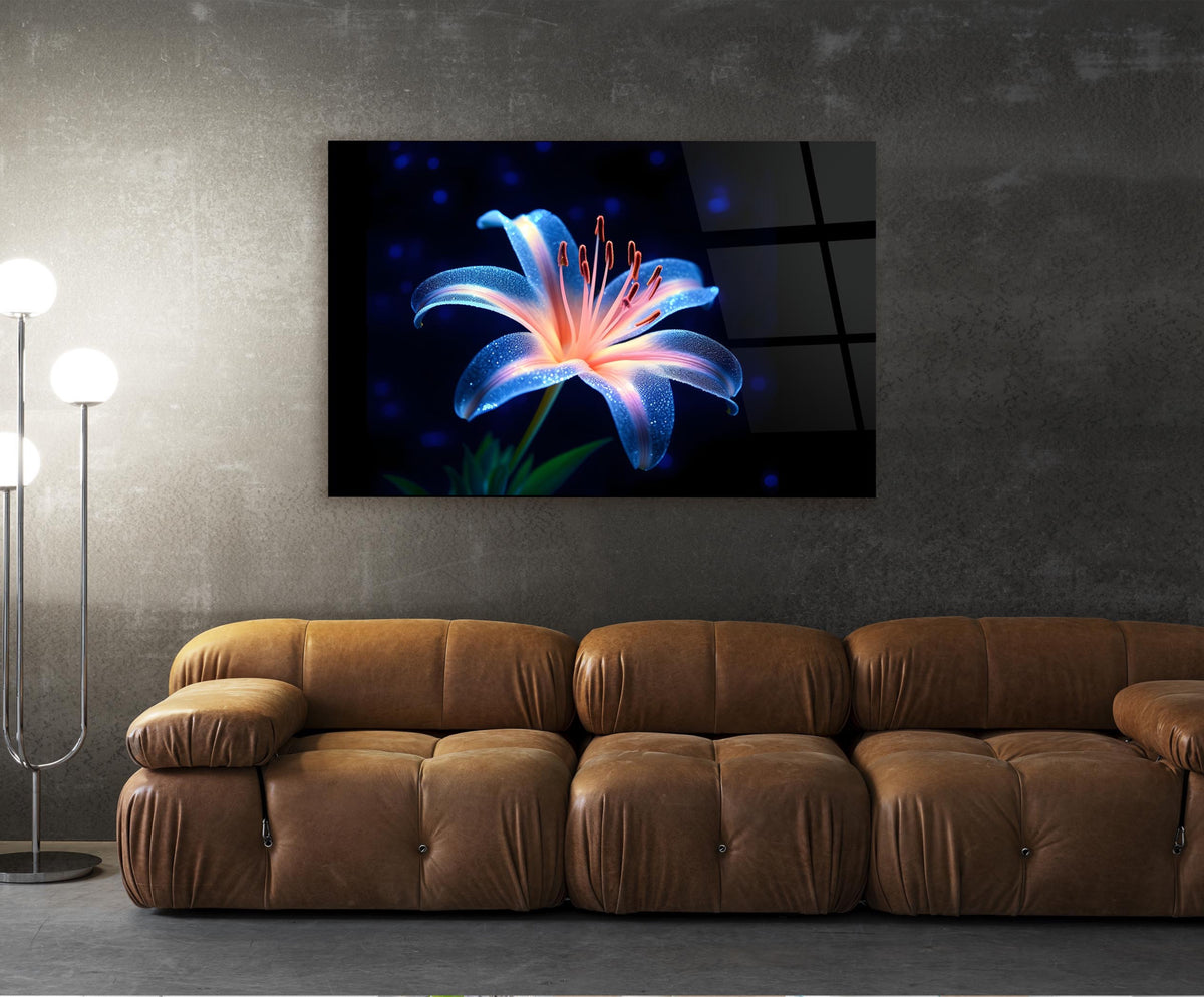 Glowing Blue Lily Glass Wall Art in a living room interior
