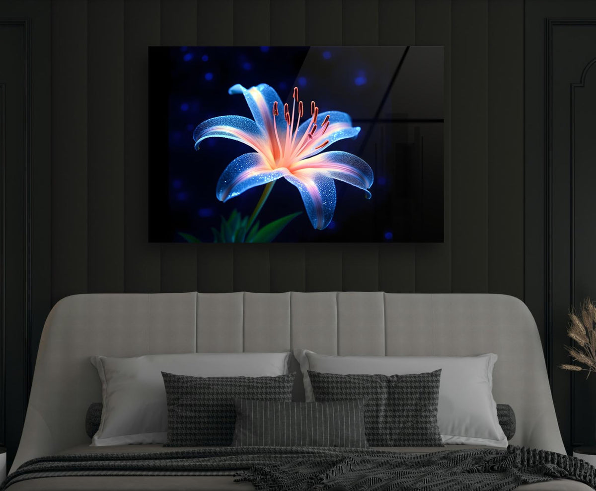 Glowing Blue Lily Glass Wall Art in a modern interior