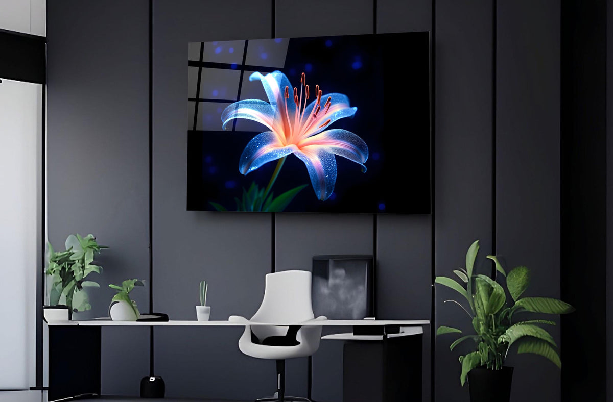 Glowing Blue Lily Glass Wall Art on the wall