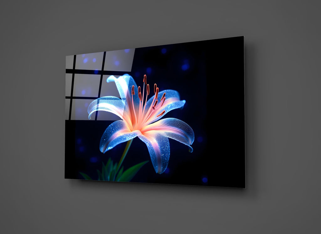 Glowing Blue Lily Glass Wall Art close-up