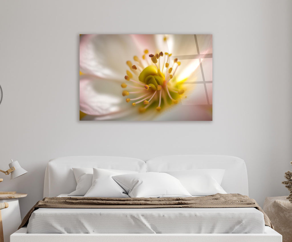 White Blossom Macro Glass Wall Art in a living room interior