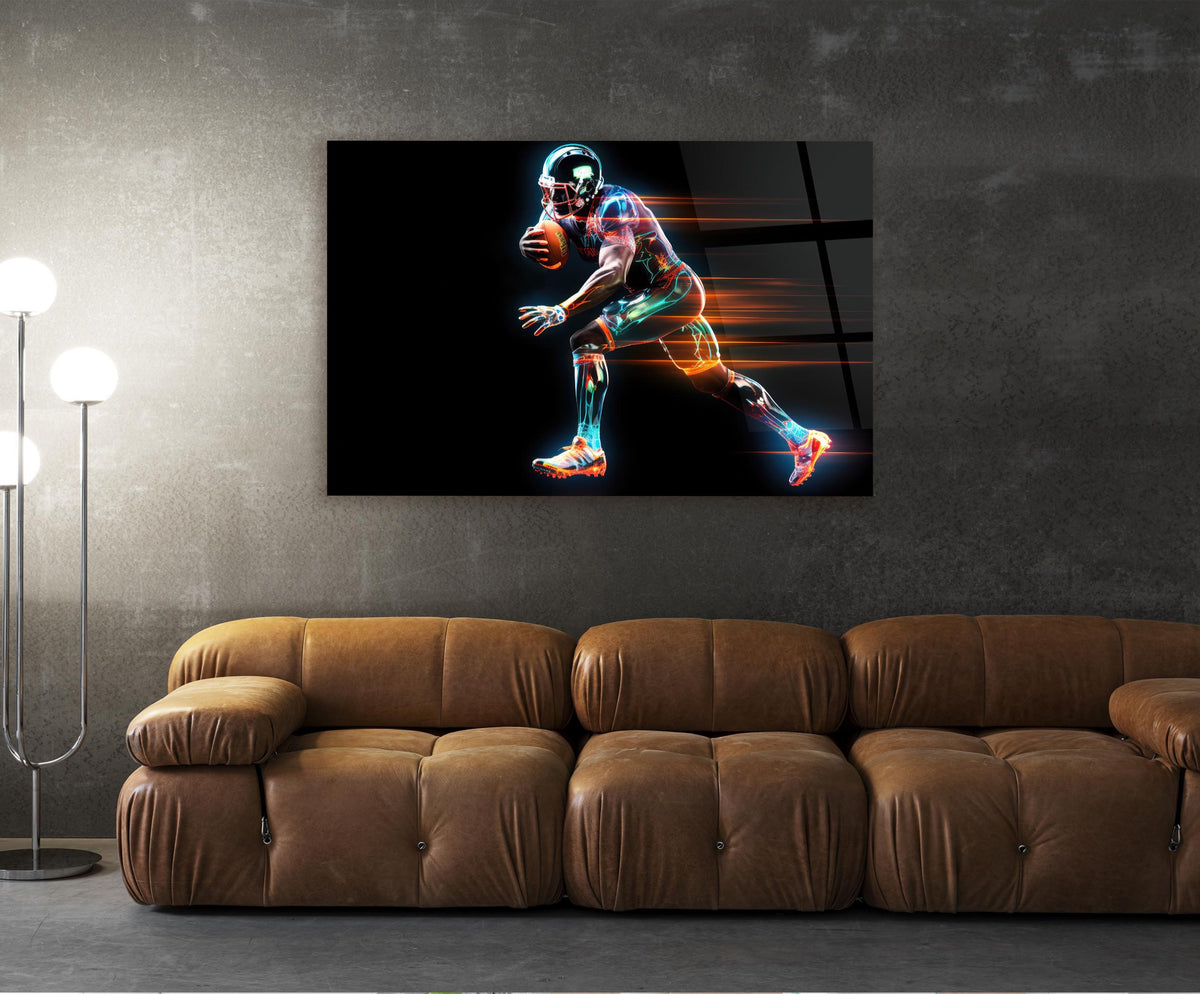 Neon American Football Player Glass Wall Art in a living room interior